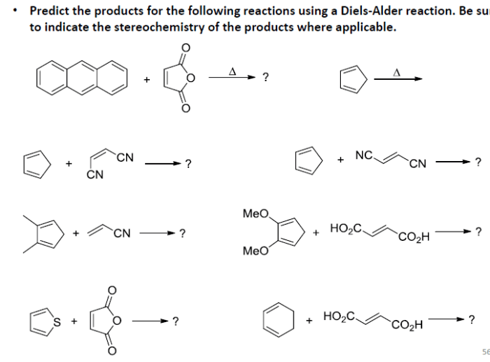 Predict the products of the following diels alder reactions